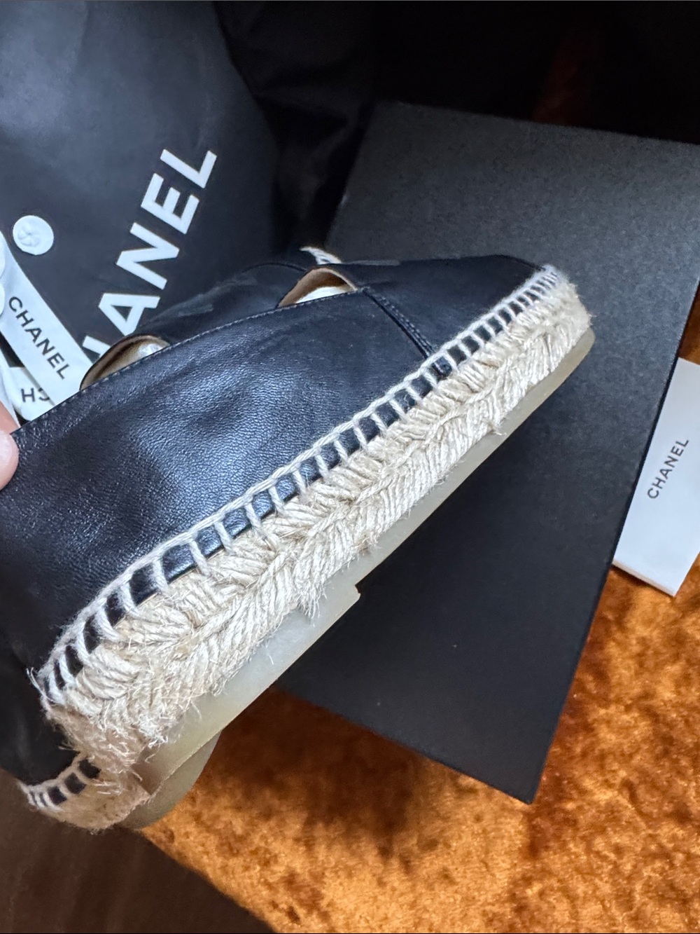 CHANEL Black Leather Espadrille Flats with Logo - Picture 4 of 8